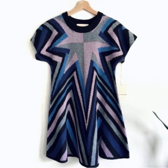 Mara Hoffman Sunburst Compass Knit Swing Short Sleeve Sweater Dress Denim Sz M - Picture 2 of 9